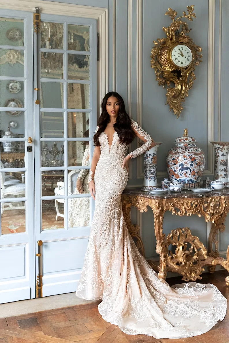 Luxury Shining Beading Sequins Long Sleeve Mermaid Wedding Dress Backless Lace Appliques Bridal Gown Women Vestidos Novia Robe