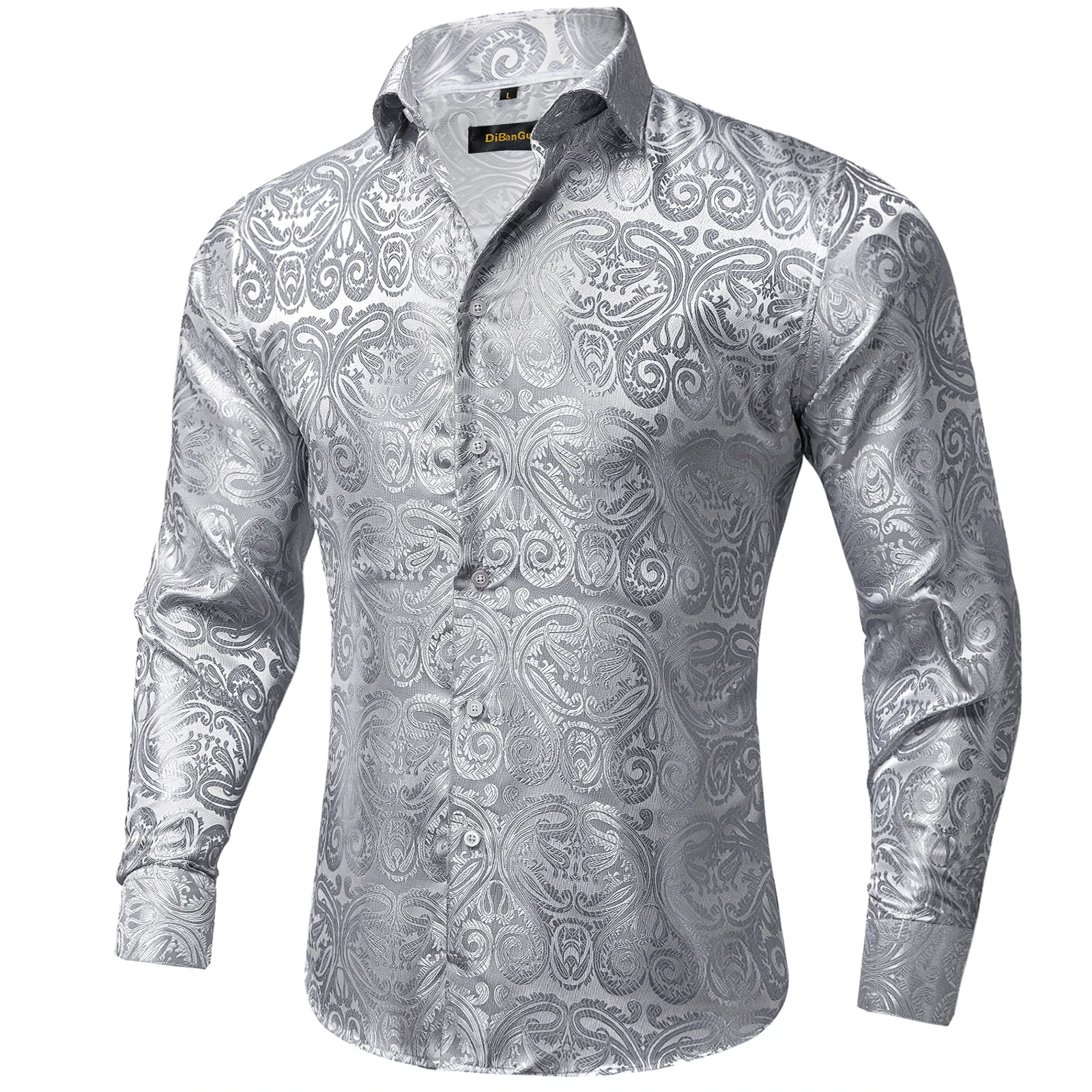 Men\'s Long Sleeve Shirts Silk Polyester Paisley Blue Silver Red Wedding Party Men Clothing Social Porm Dress Shirt & Blouse