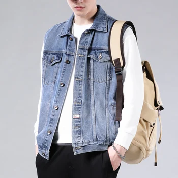 Autumn Denim Vest Men's Blue Sleeveless Denim Jacket Retro Street Clothing Men's Fashion Loose Motorcycle Pocket Denim Coat