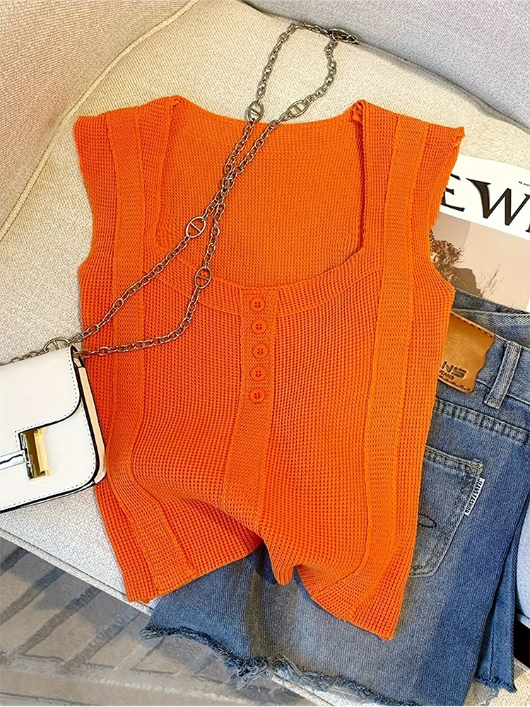 2024 Summer Solid Button Front Knitted Top Wakacyjny top bez rękawów z okrągłym dekoltem Odzież damska Crop Top