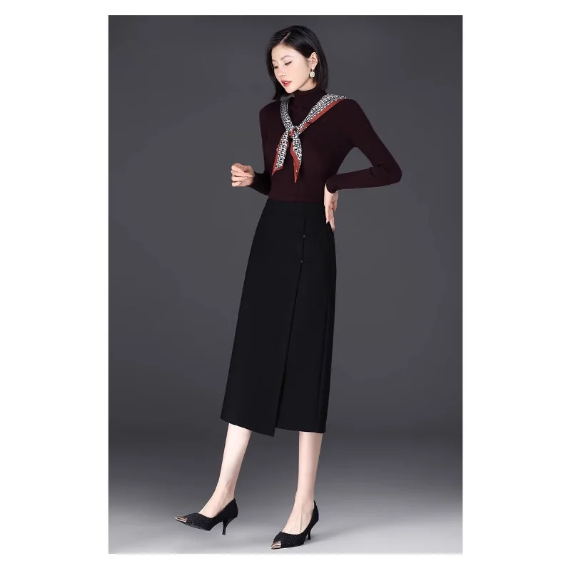 앵커 레드 뉴 스타일 레트로 디스크 버클 슬릿 하이웨이스트 슬림 템퍼먼트 스트레이트 미디 길이 하이엔드 스커트