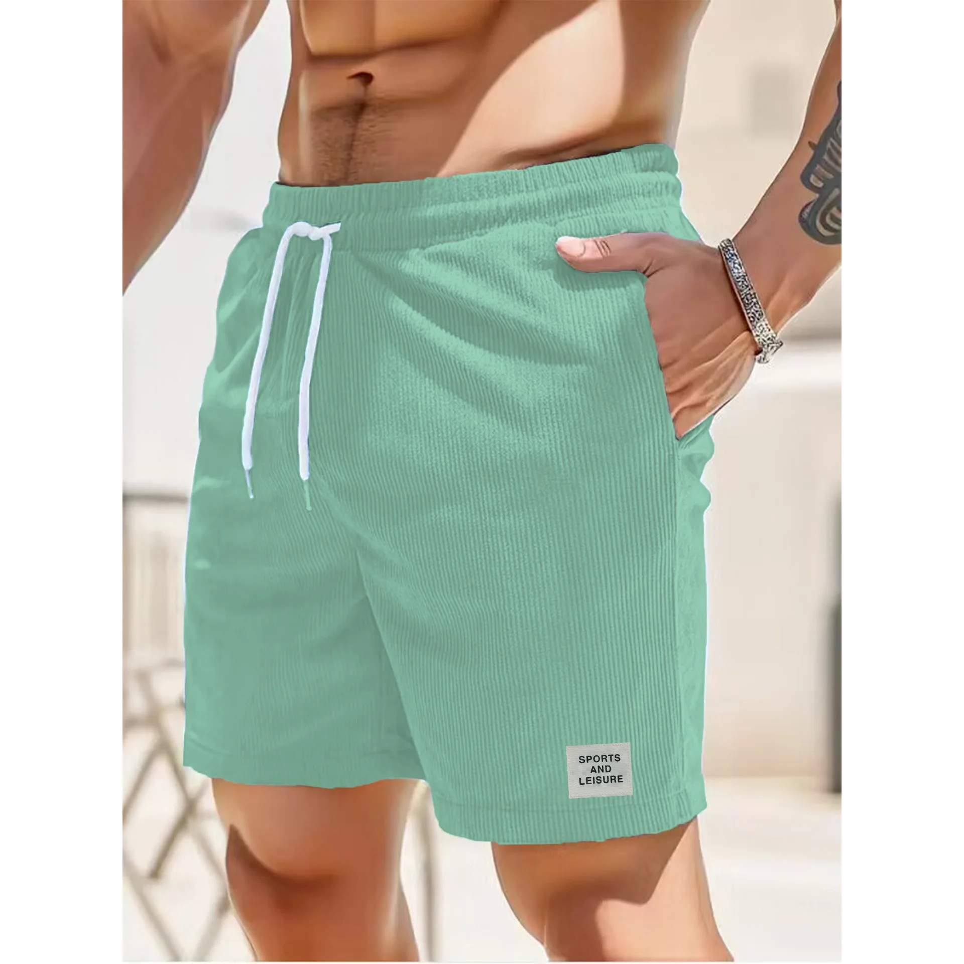 Summer New Solid Color Lace-up Sweatpants Corduroy Simple Five-quarter Shorts Men\'s Shorts Sports Casual Pants Skin Friendly