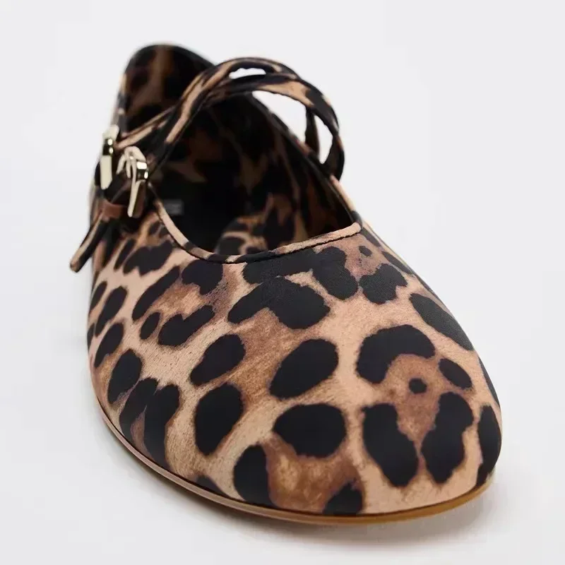 2024 Autumn Leopard Print Women's Ballet Flats Double Thin Strap Buckle Brand Designer Casual Soft Shallow Lady Barefoot Shoes