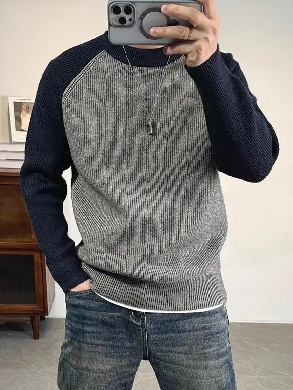 

Мужской повседневный вязаный свитер с круглым вырезом на осень-зиму, облегающий, с цветовыми блоками, теплый базовый слой, модный топ-коллекция.