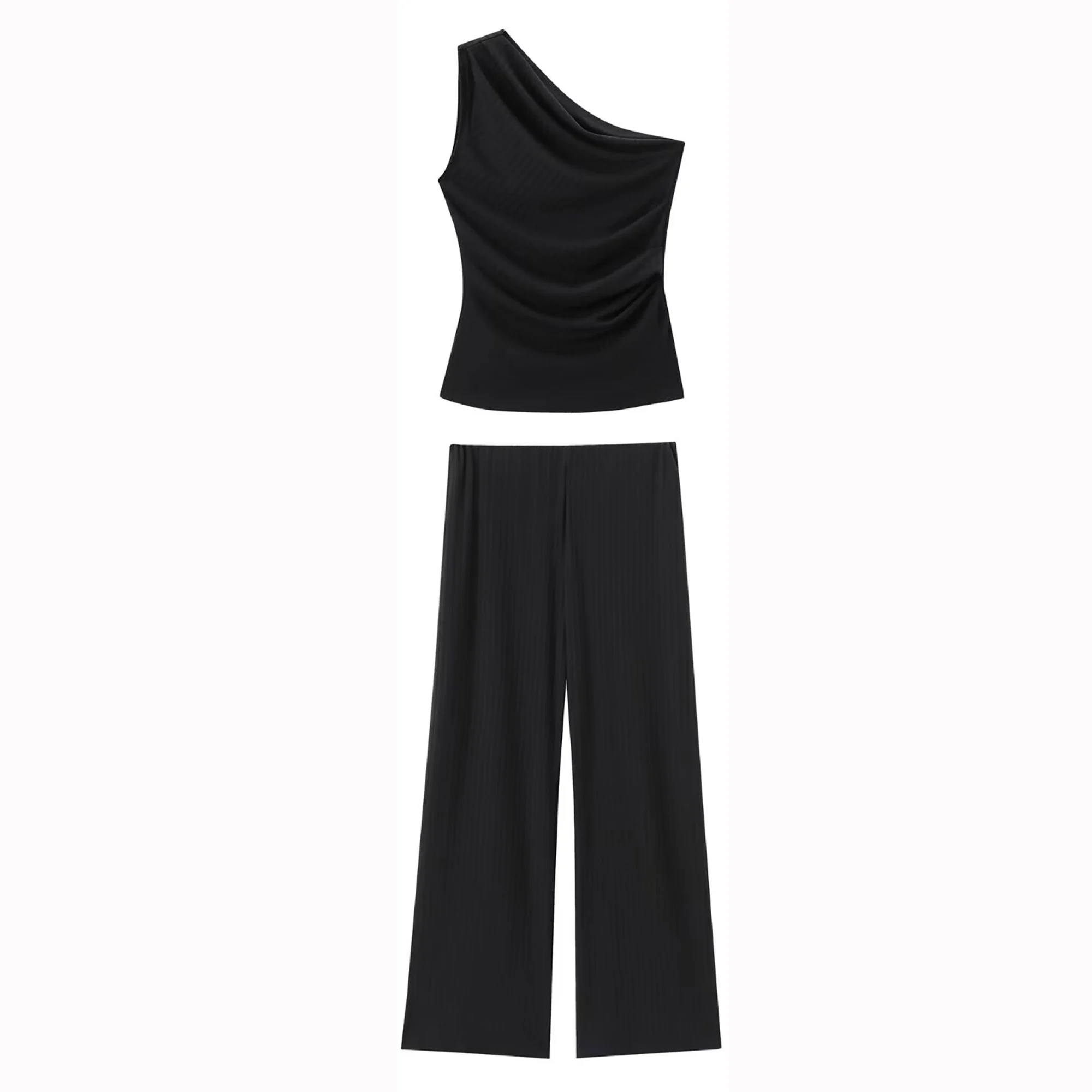 Women\'s Top with asymmetrical collar Ribbed Pleats Elastic High Waisted Wide Leg Pants Set Fashionable Temperament New