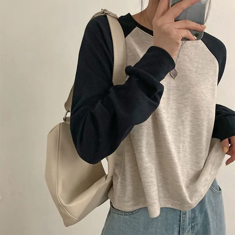 T-shirts Women Spring Cotton Korean Version Patchwork Tops Long Sleeve Sweet Loose Korean Style Leisure All-match Students