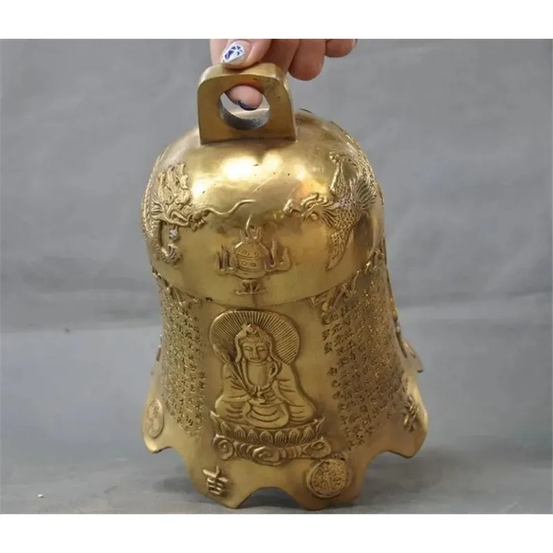 5.5" Buddhism Temple Brass Dragon Phoenix Kwan-yin Sakyamuni Buddha Zhong Bell