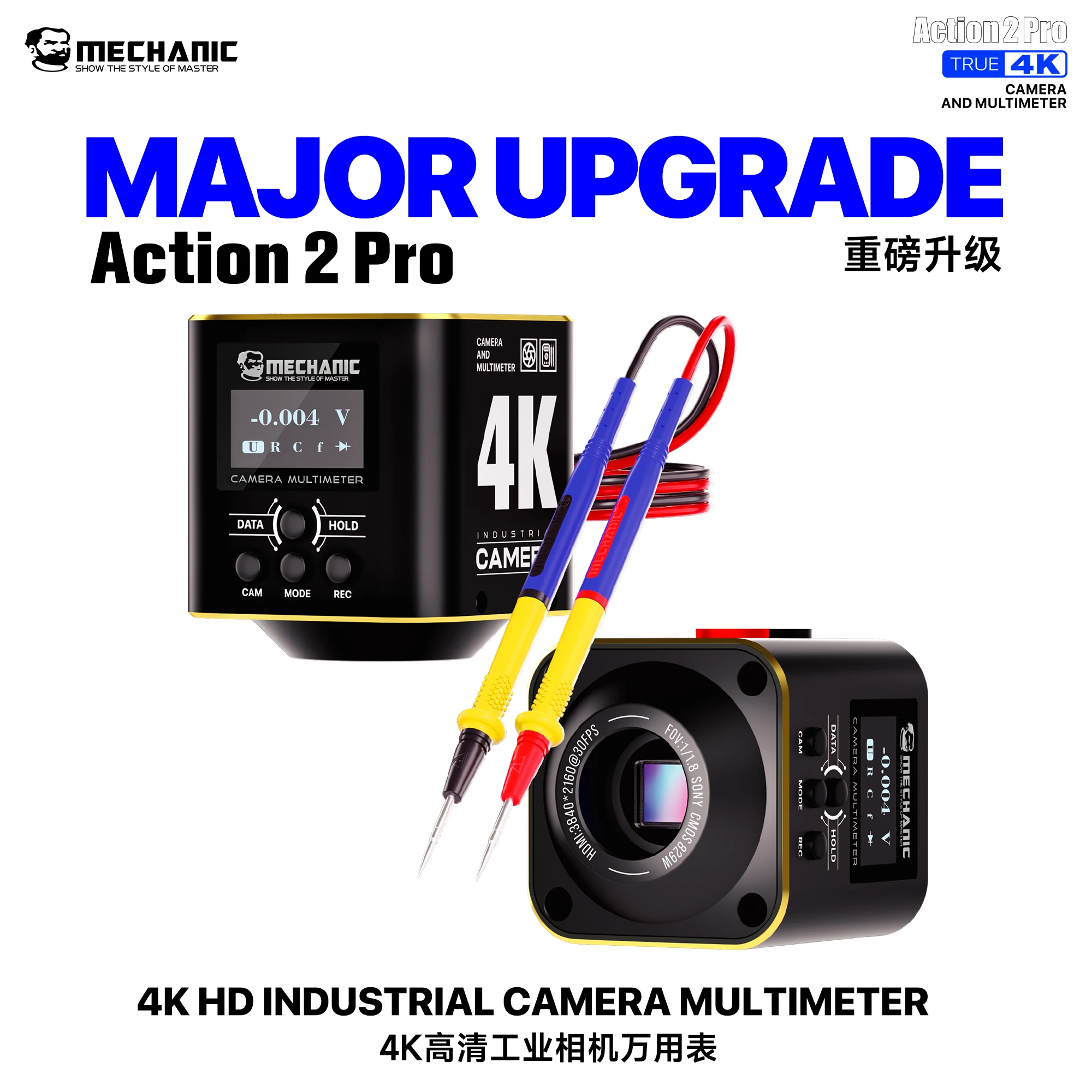 MECHANIC Action 2 Pro Industrial Camera Multimeter,Sony IMX678 4K 12bit,Dual Display,HDMI/USB Record, Electronics Repair Tool.