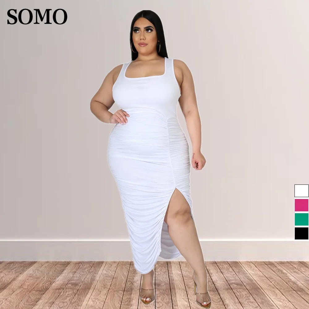 

Casual Plus Size Women Clothing Solid Color Maxi Long Dress Fashion Pleated Sexy Split Tank Dresses 2022 Wholesale Dropshipping