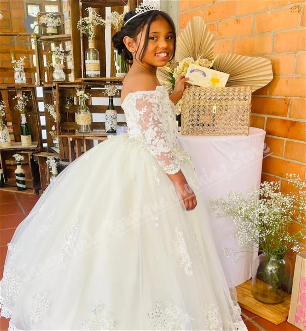 فستان فتاة الزهور المنفوش مزين بالدانتيل العاجي مع مسابقة ملكة جمالية طويلة مناسب للفتيات في حفلات أعياد الميلاد #2