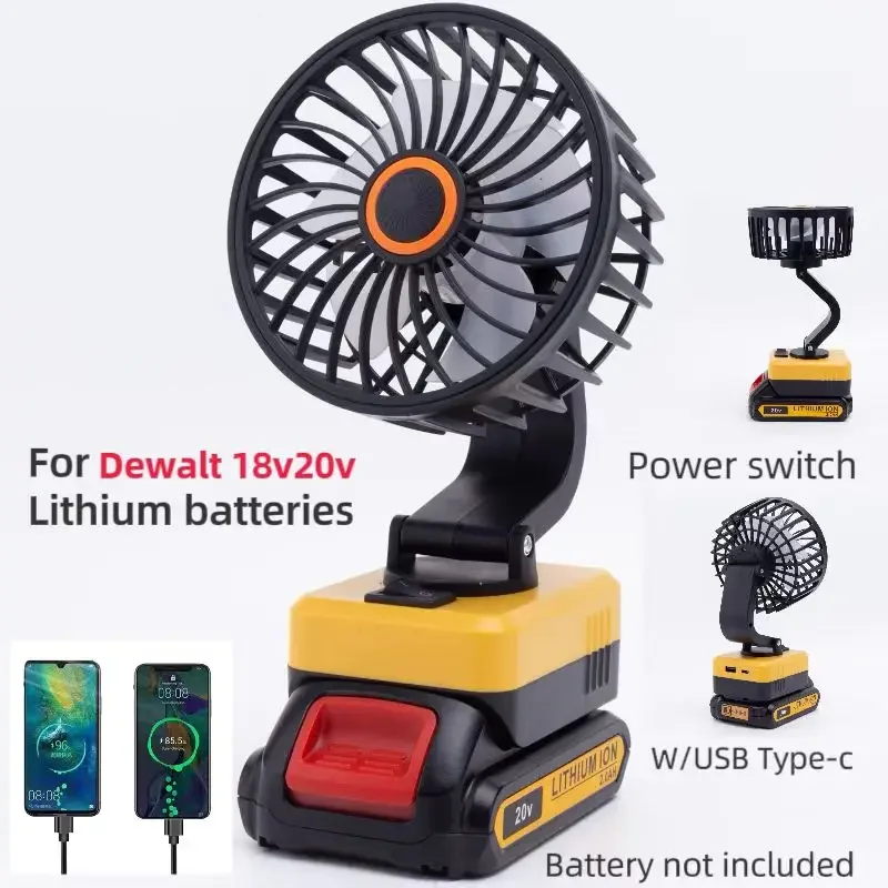 

Cordless Portable Rechargeable Fan For Dewalt 18V 20V Lithium-ion Battery Powered Fan w/ USB+C Type (Battery Not Included)