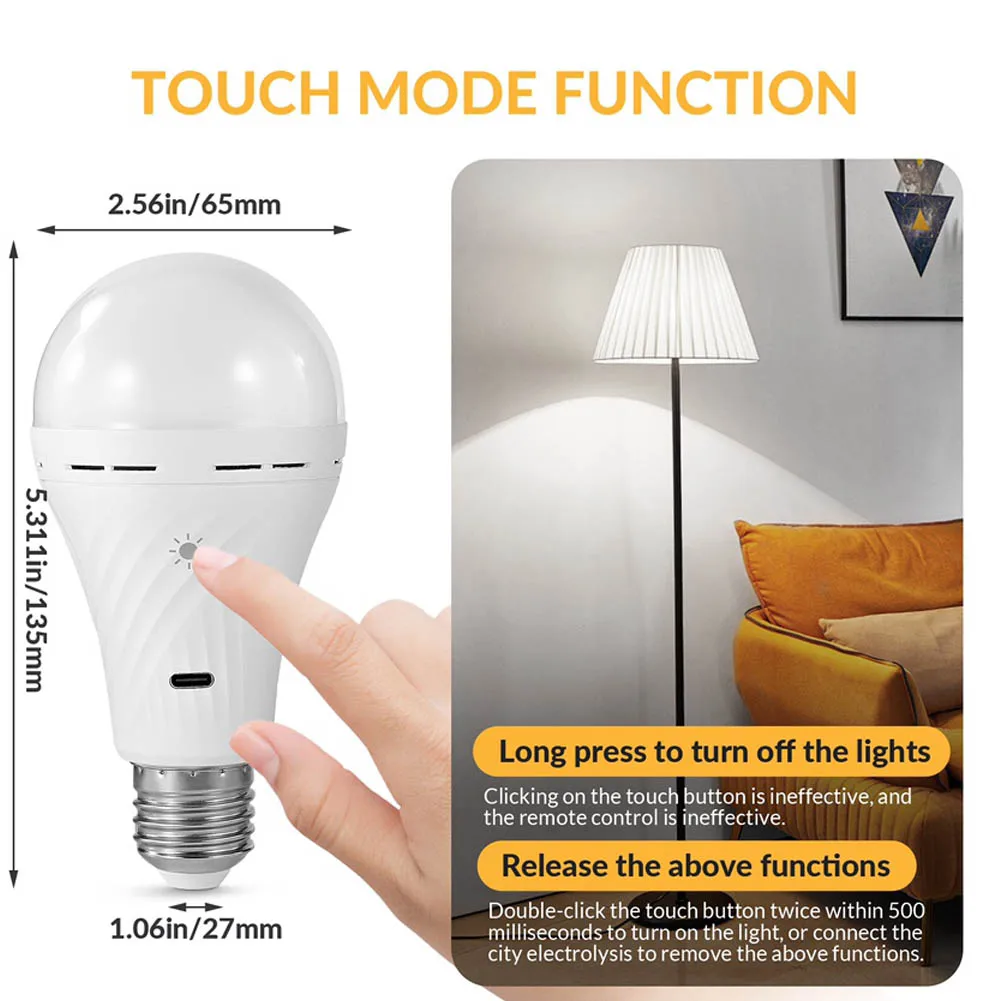 Imagem -04 - Lâmpada Recarregável Usb c com Controle Remoto 7w Alimentado por Bateria E27 Controle de Toque Lâmpada Led Regulável Luz Branca Quente