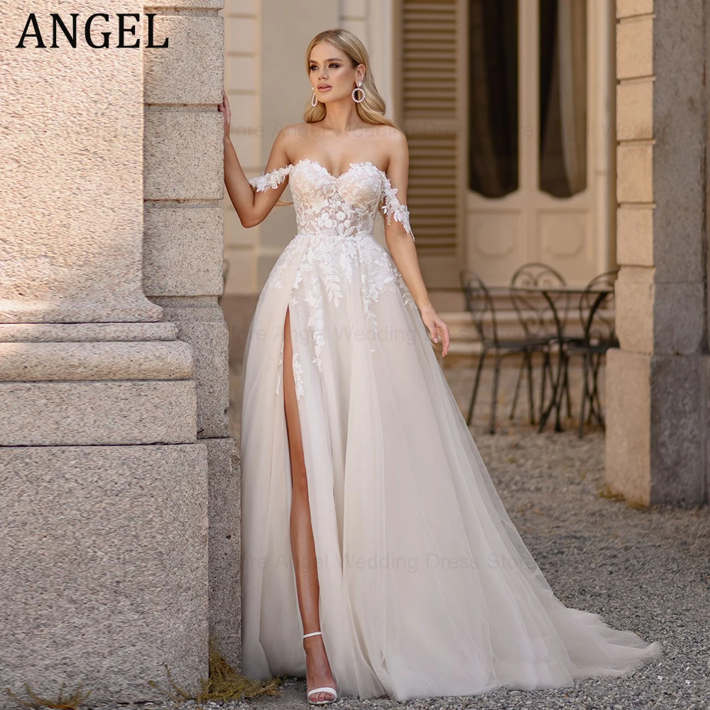 ANGEL Light Champagne Pastrol Wedding Dresses Off Shoulder Sweetheart Bride Gowns Side Split A-Line Tulle Vestido De Novia