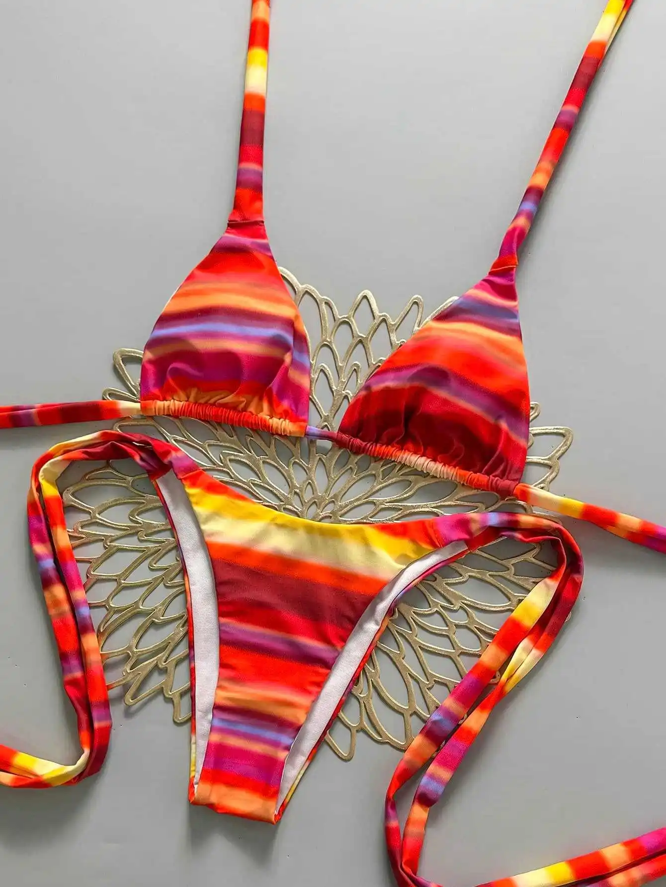 sexy colorful striped halter back tie bikinis sets two pieces high waist thong swimsuits bathing suit swimwear biquini tankini