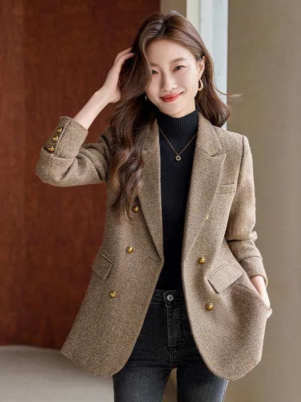 女性の秋冬長袖ブレザーコートヴィンテージ厚いウールジャケットノッチエレガントなアウターウェア女性服