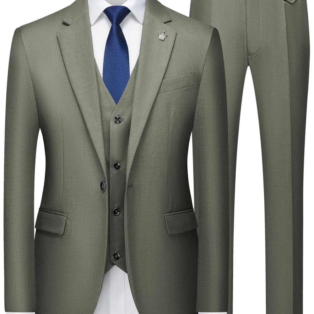 Men's 3 Piece Suit With Solid Color Flat Collar And Single Row Button  Suitable For Business Formal Occasions party and wedding