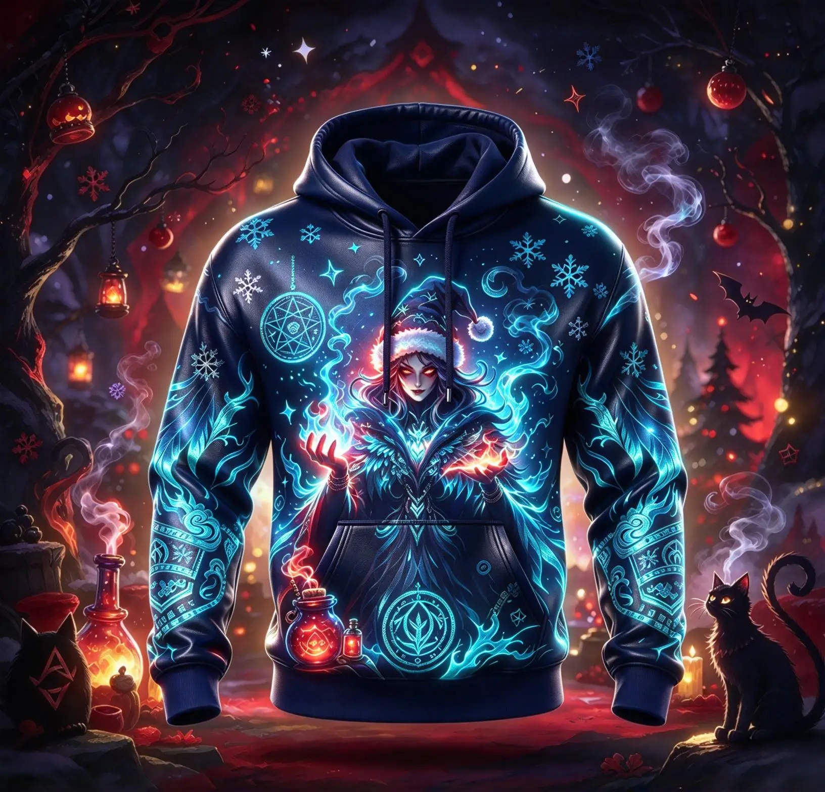 Gothic Christmas Men Hoodie Flame Witch Potion Graphic Print Fleece Lined Warm Long Sleeve Streetwear Pullover