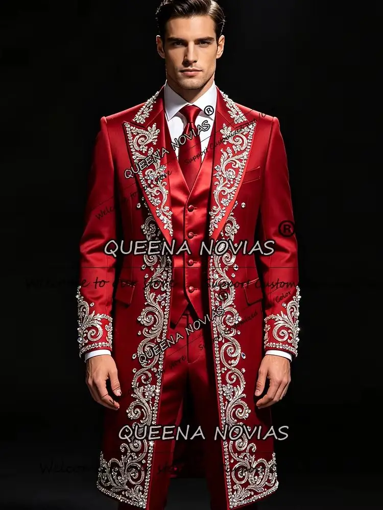Luxury Wedding Suit For Man Sliver Crystals Beading Groom Prom Blazer Long Customized Single Breasted Man Dinner Party Tuxedos