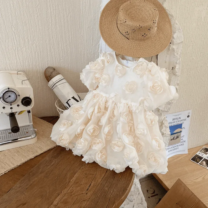 

Fashion Baby Girl Princess 3D Flower Dress Infant Toddler Child Bow Vestido Short Sleeve Party Birthday Frock Baby Clothes 1-10Y