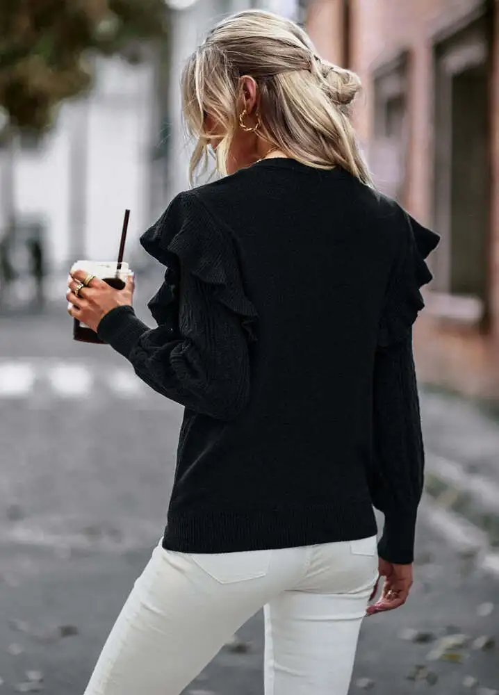 Cable Knit Ruffle Shoulder Sweater Solid Color Round Neck Long Sleeve Pullover Fashion Fall Winter Clothes for Women