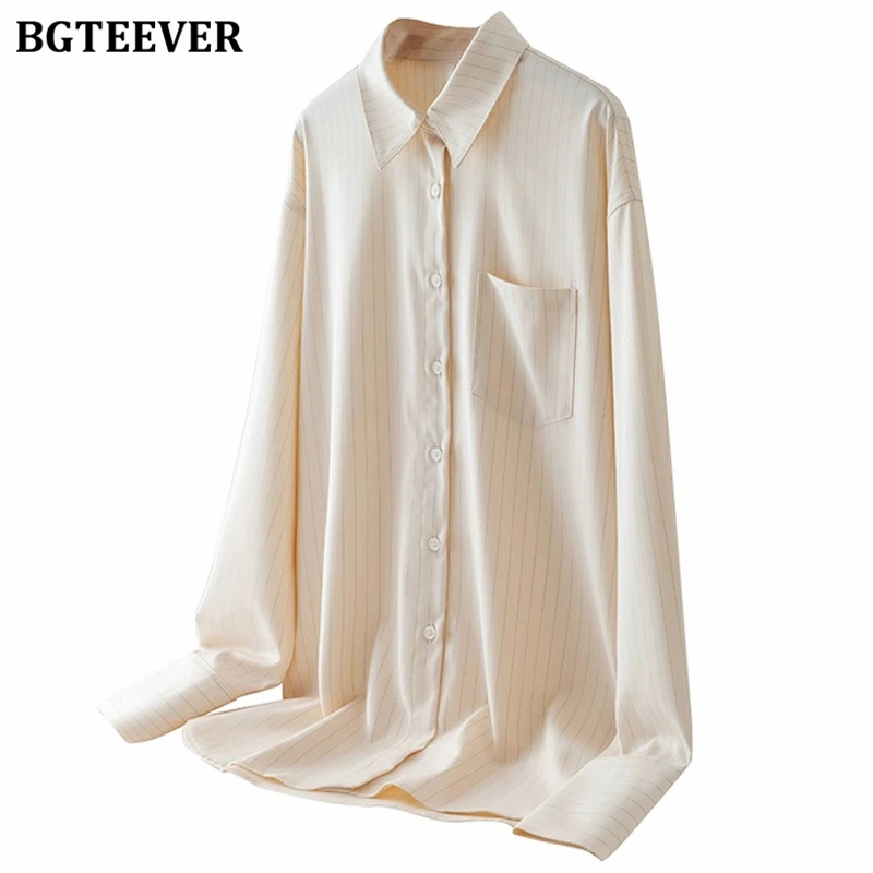 Bgteever casual turn-down colarinho senhoras camisas listradas primavera verão moda solta único breasted bolso blusas femininas topos