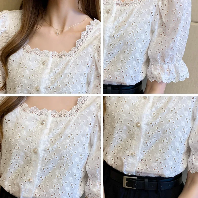 2024 Korean Lace Shirt Blusas Fashion Elegant Summer Short Sleeve Woman Shirts Square Collar Hollow Out White Blouse Women 13934