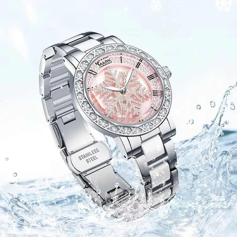 MARK FAIRWHALE Women's Luxury Quartz Watch Snowflake-Patterned Rotating Dial Ceramic and Metal Bracelet  Dress Ladies Wristwatch