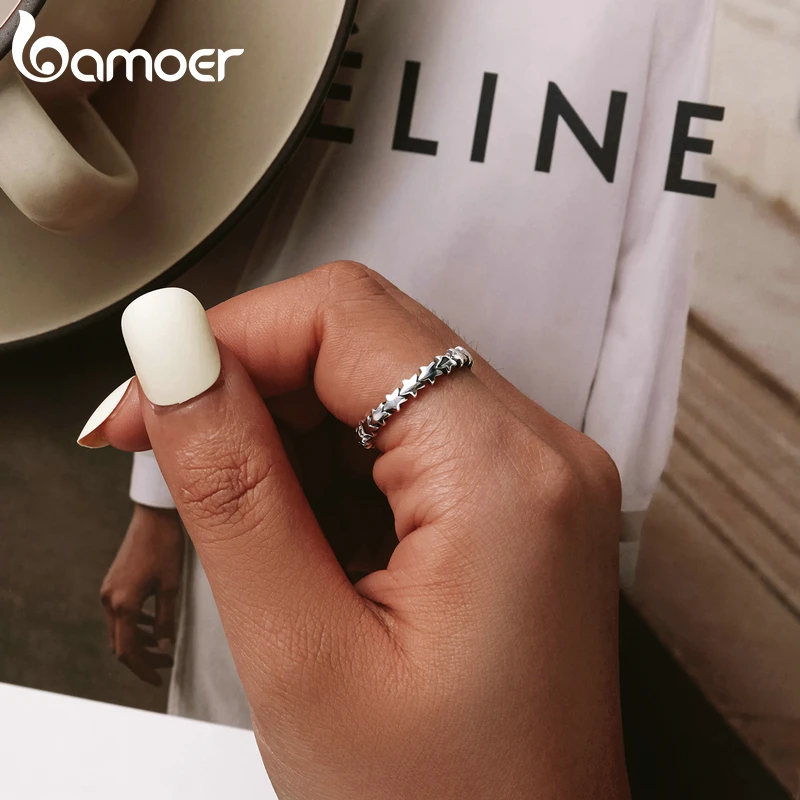 BAMOER HOT SALE Genuine Silver 925 Star Ring For Women Wedding 100% 925 Sterling Silver Stackable Finger Ring Jewelry PA7151