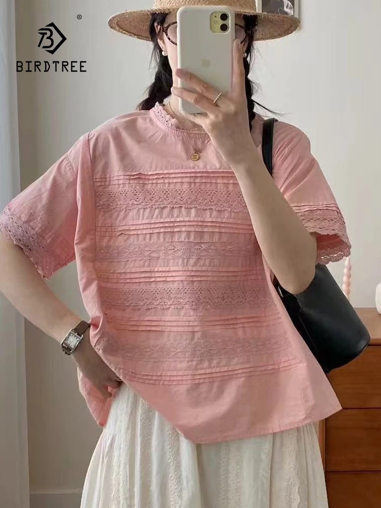 

New 2025 Summer Cotton Short Sleeve Shirt, Women O Neck Ruffles Back Button, Mori Girl Preppy Style Casual Loose Blouse T57116CC