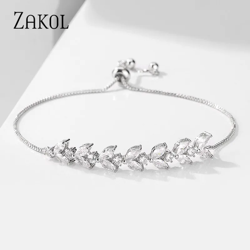 ZAKOL Fashion Leaf Zircon Adjustable Bracelets for Women Bride Wedding Jewelry