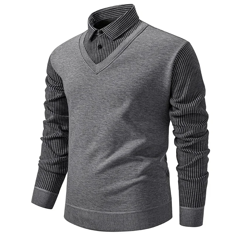 Autumn Winter Men's Fake Two Piece Pullover Slim Soft Fleece Warm V- Neck Coat Fashion Mens Knitted Shirt Collar Jacket