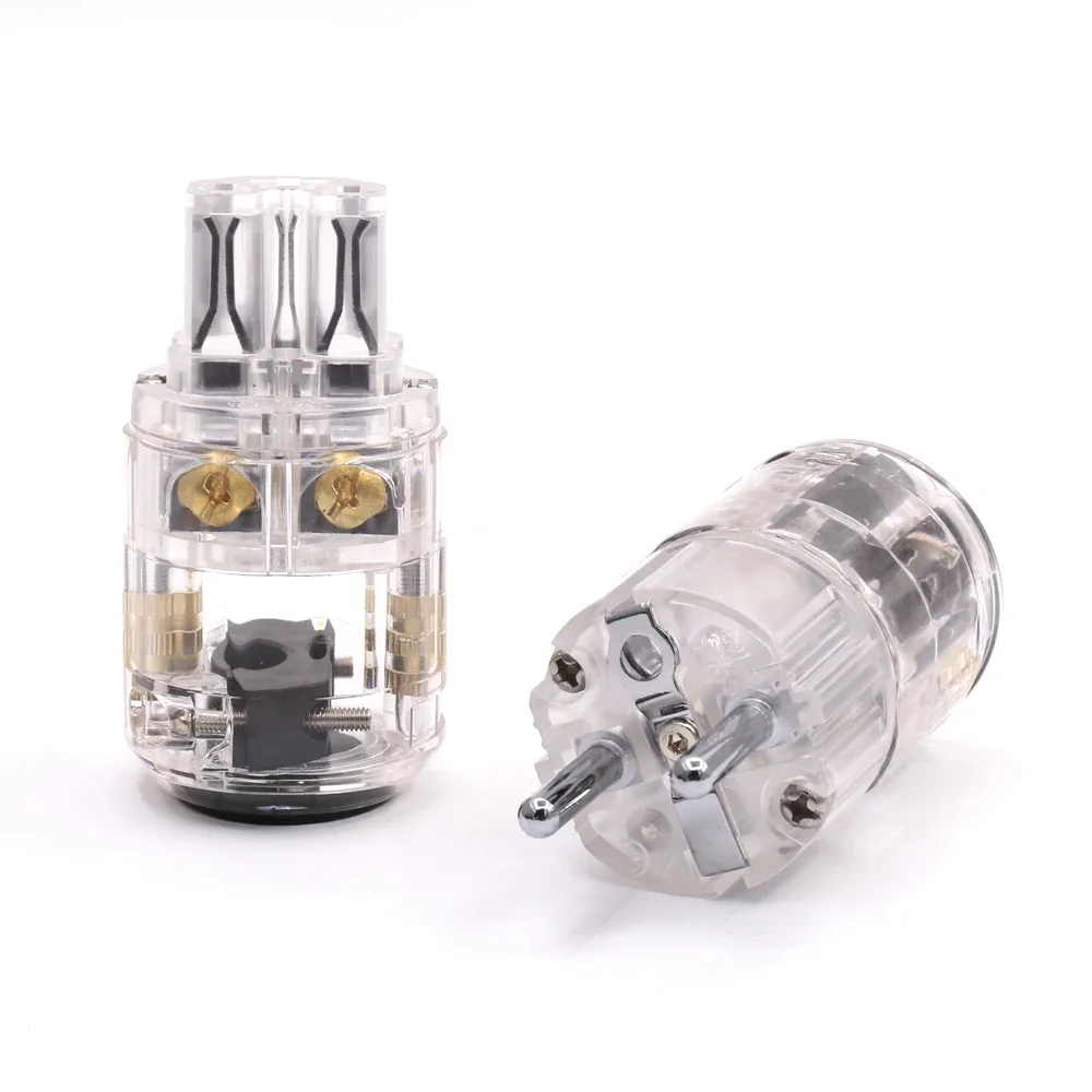 Pair Transparent High End Rhodium Plated Schuko AC power plug+IEC connector