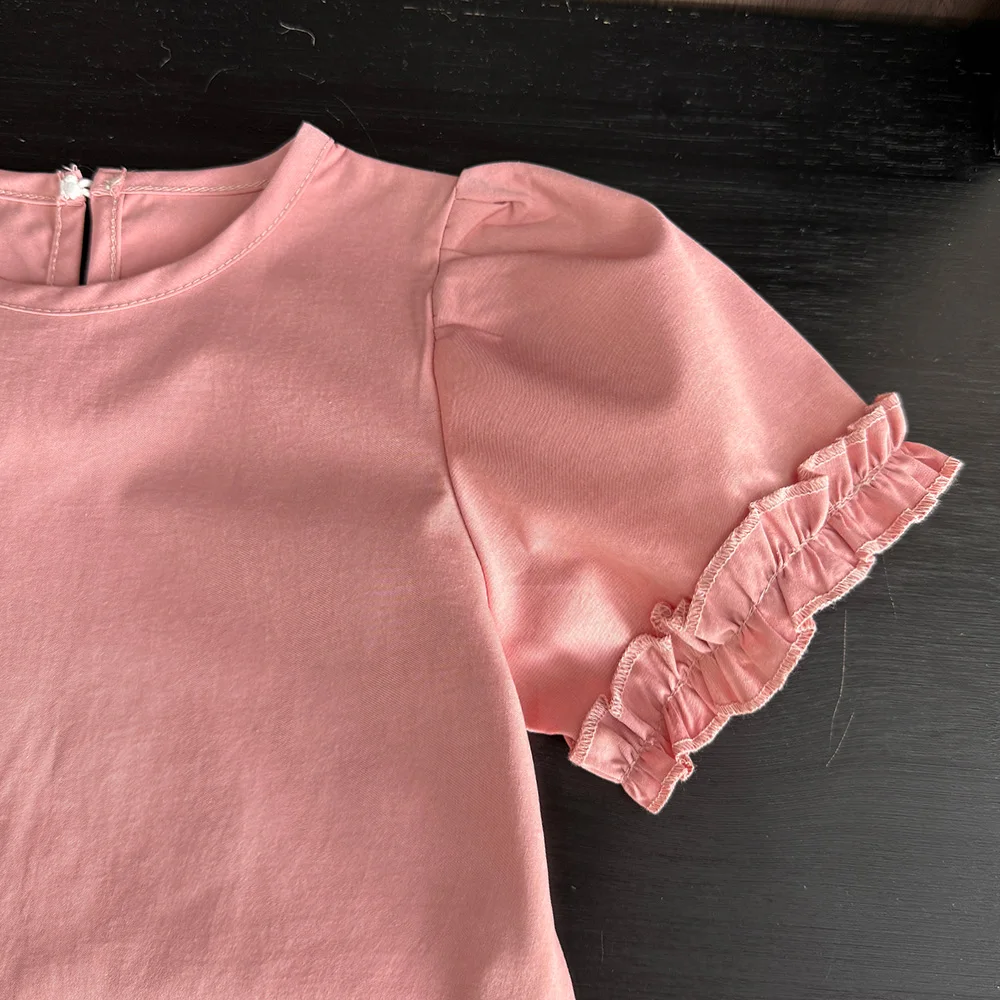 Bear Leader Pink Sweet Girls Clothes Summer New Korean Version Children\'s Set Splicing Pleated Short Sleeved Top+Pants 2Pcs