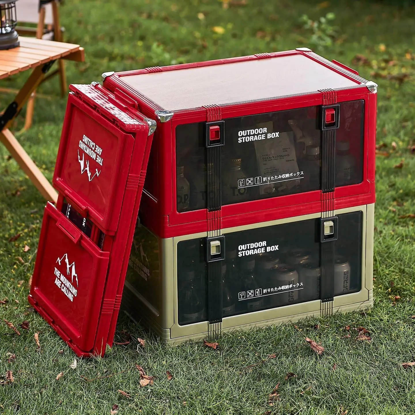 Red Foldable Outdoor Storage Box With Wooden Lid Transparent Side Door Stackable Waterproof Portable Camping Organizer For
