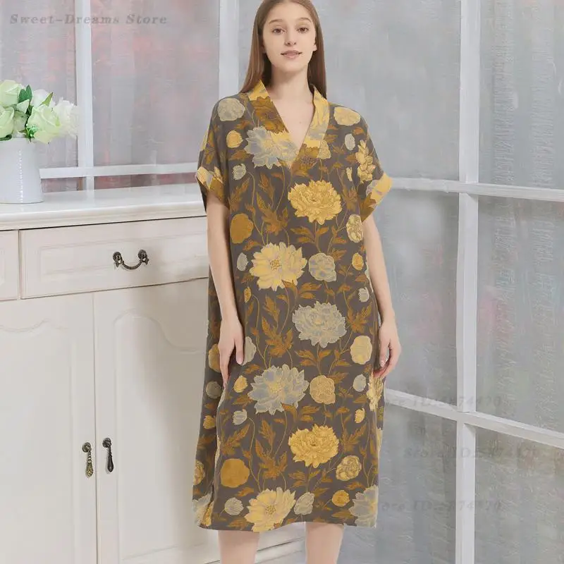 Spring Summer Short Sleeved Nightgown Cotton Jacquard Nightdress Long V-Neck Home Dressing Loose Casual Sleepwear Loungewear 2