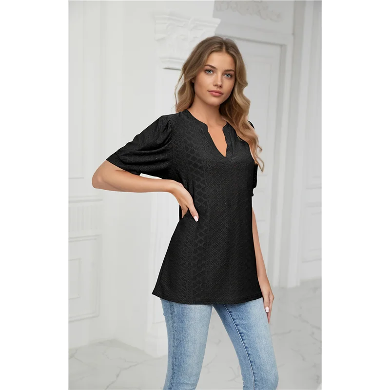 AOAO-Camicie a maniche corte a sbuffo estiva per donna T-shirt con occhielli vestibilità ampia Notch Camicetta a tunica con scollo a V Scava fuori Top da lavoro
