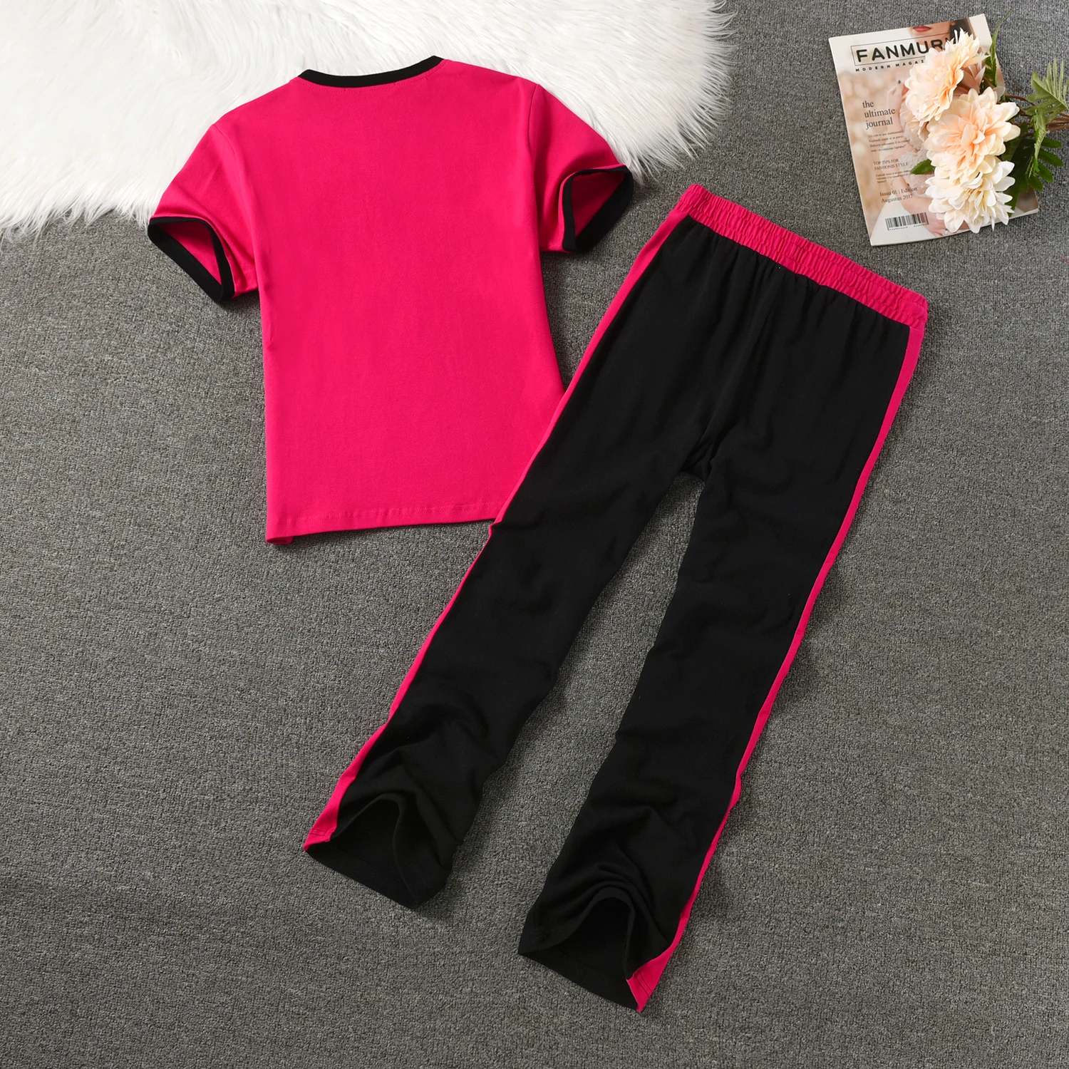 100% Pure Cotton Women\'s Suit, Outdoor Sports Short-Sleeved Suit, Trousers Suit, Casual Color Matching T-Shirt + Sports Trousers