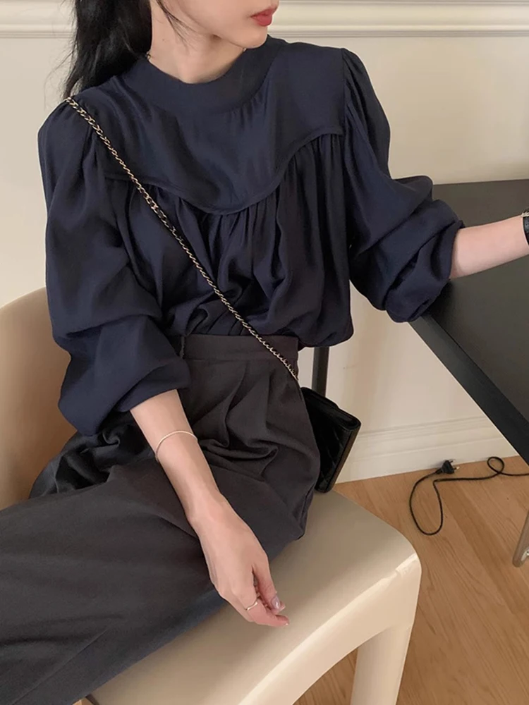 

Ele V-ne Belted Long Sve Loose Women's irt Chic Autumn Faionable Tu-in And Casual Wear Korean Sle