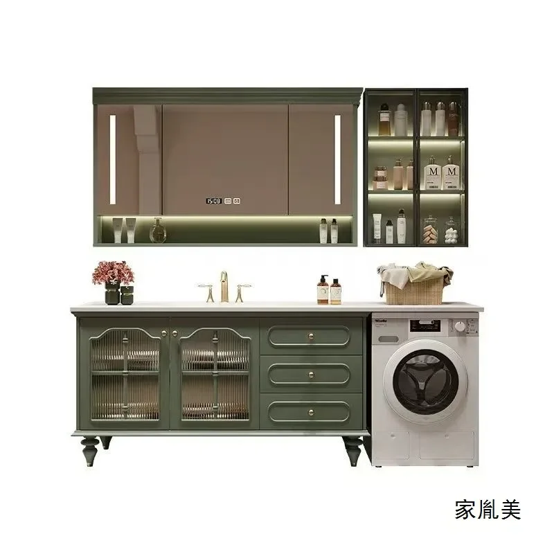 French Retro Oak Vanity with Rock Slab Top Seamless Ceramic Basin Bathroom Cabinet Washing Machine Combo
