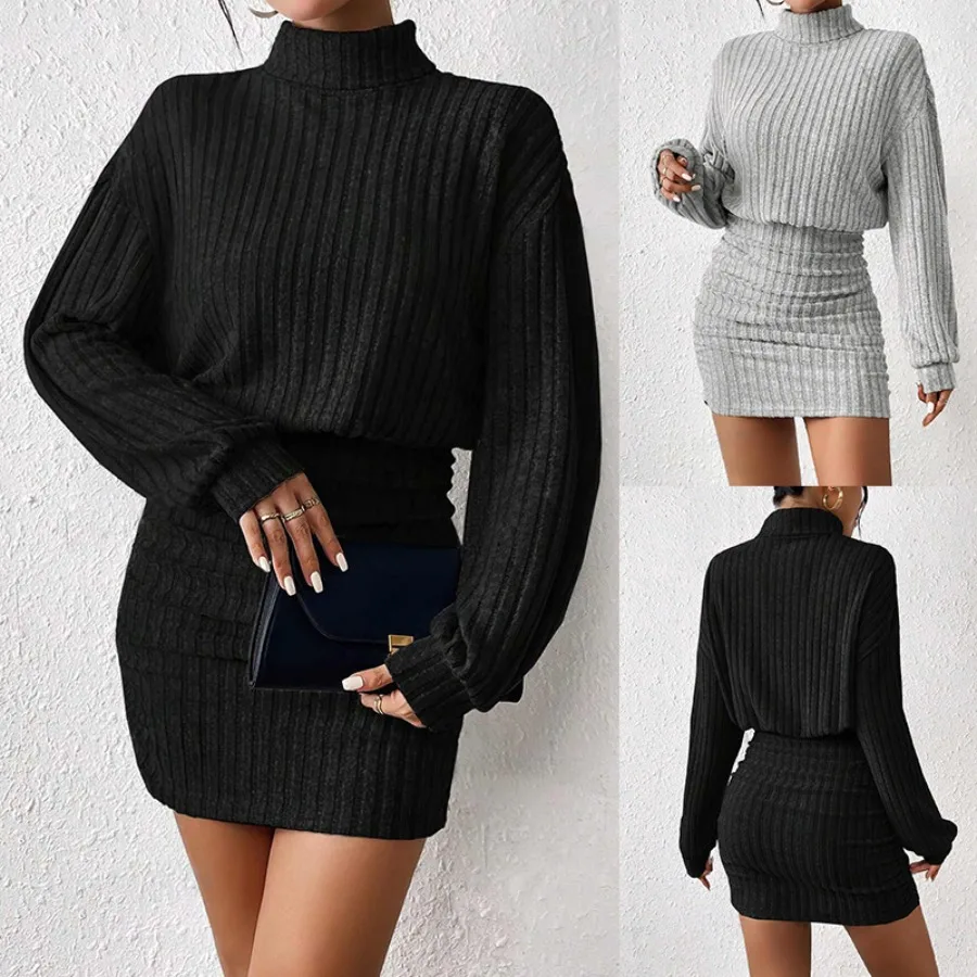 

【New style】- European and American women's clothing autumn and winter slim fitting fashion pit strip high collar bag hip lon