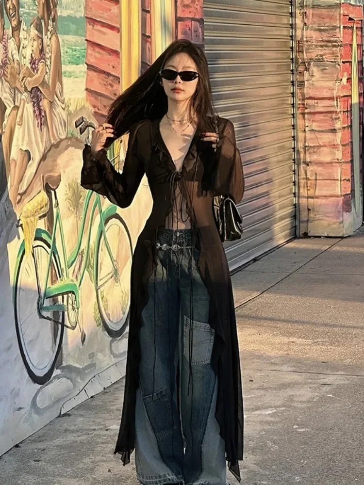 

Y2k Aesthetic Bandage Blouse Women Vintage Black See Through Long Cardigan Slim V Neck Streetwear Sexy Grunge Tops 2024 Summer