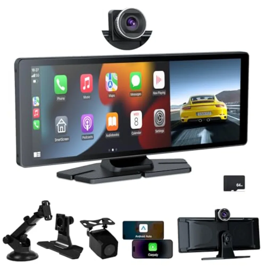 

Car dashboard mount: 10.26-inch wireless CarPlay/Android Auto tablet IPS touchscreen 4K front + 1080P rear camera Bluetooth/FM/