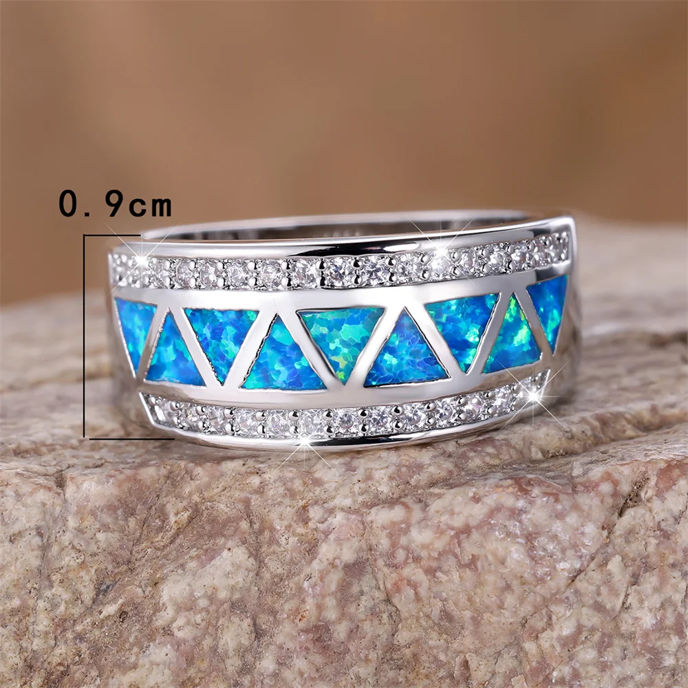 Blue Fire Opal Triangle Stone Rings Luxury Crystal Small Round Zircon Wedding Bands For Women Trendy Silver Color Bridal Jewelry