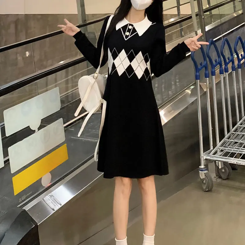 Preppy Style Polo-Neck Dresses Autumn Winter Fake Two Pieces Spliced Women's Clothing Commute Argyle Knitted Waist Mini Dress