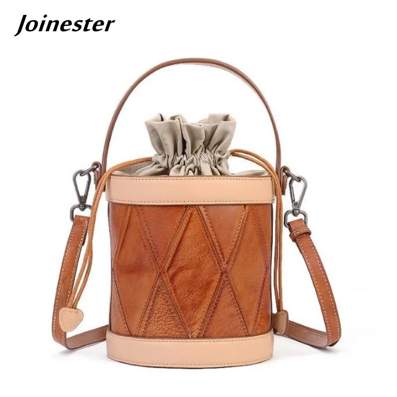 

Women Genuine Leather Drawstring Bucket Bag Vintage Patchwork Handbag Versatile Female Small Hobo Purses Crossbody Shoulder Bag