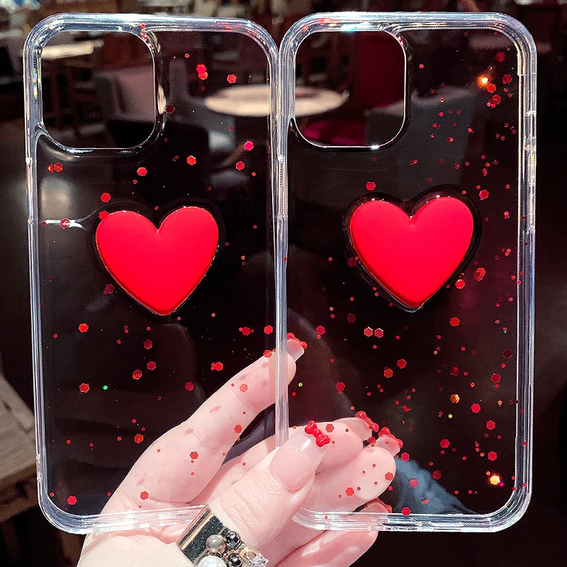 3D Red Heart Bling Sequined Phone Case for iPhone 15 Pro 15 Pro Max 14 13 12 11 Xsmax Xr Soft Transparent Fall Protection Case