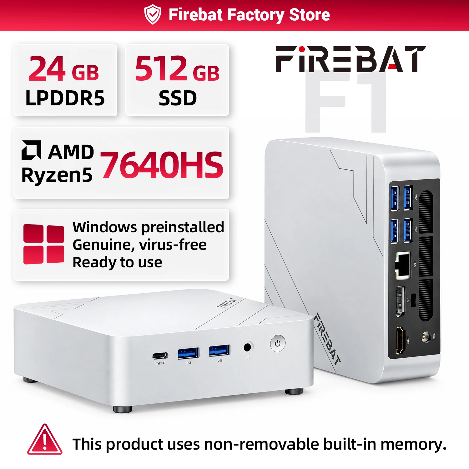FIREBAT F1 MINI PC AMD Ryzen 5 7640HS LPDDR5 24GB RAM 512GB SSD WIFI6 BT5.2 Portable MINI-PC Windows 11  Desktop Computer