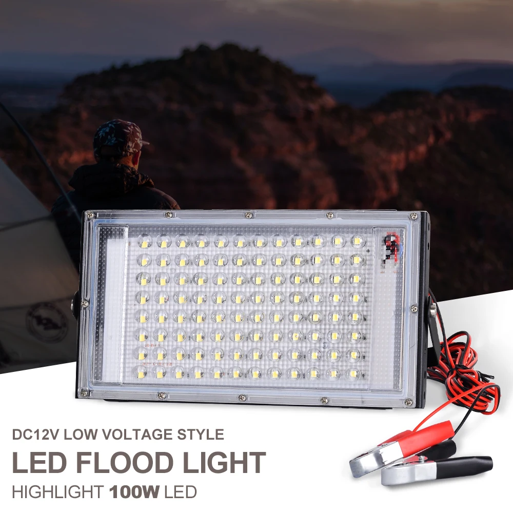 Portable LED Floodlight 50W 100W DC12V Electric Clip Charger LED Outdoor Spotlight Emergency Lamp For Camping Hiking Working