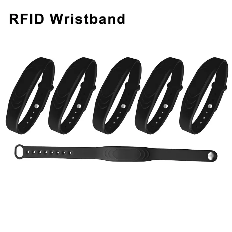 Adjustable 5PCS Pure Black Silicone RFID Wristband 125KHz/13.56MHz TK4100/IC/T5577/UID 4 Chip Optional Waterproof Bracelet