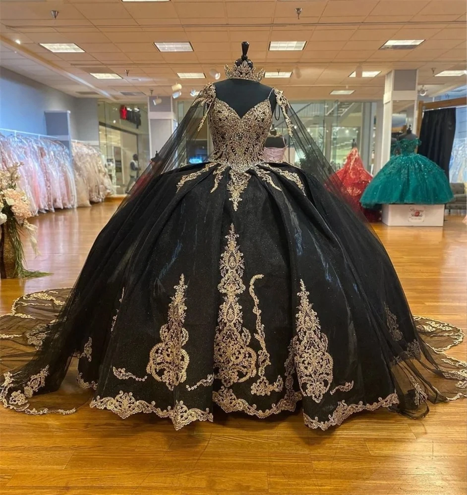 

Black Princess Quinceanera Dresses Ball Gown Spaghetti Straps Appliques Sweet 16 Dresses 15 Años Custom